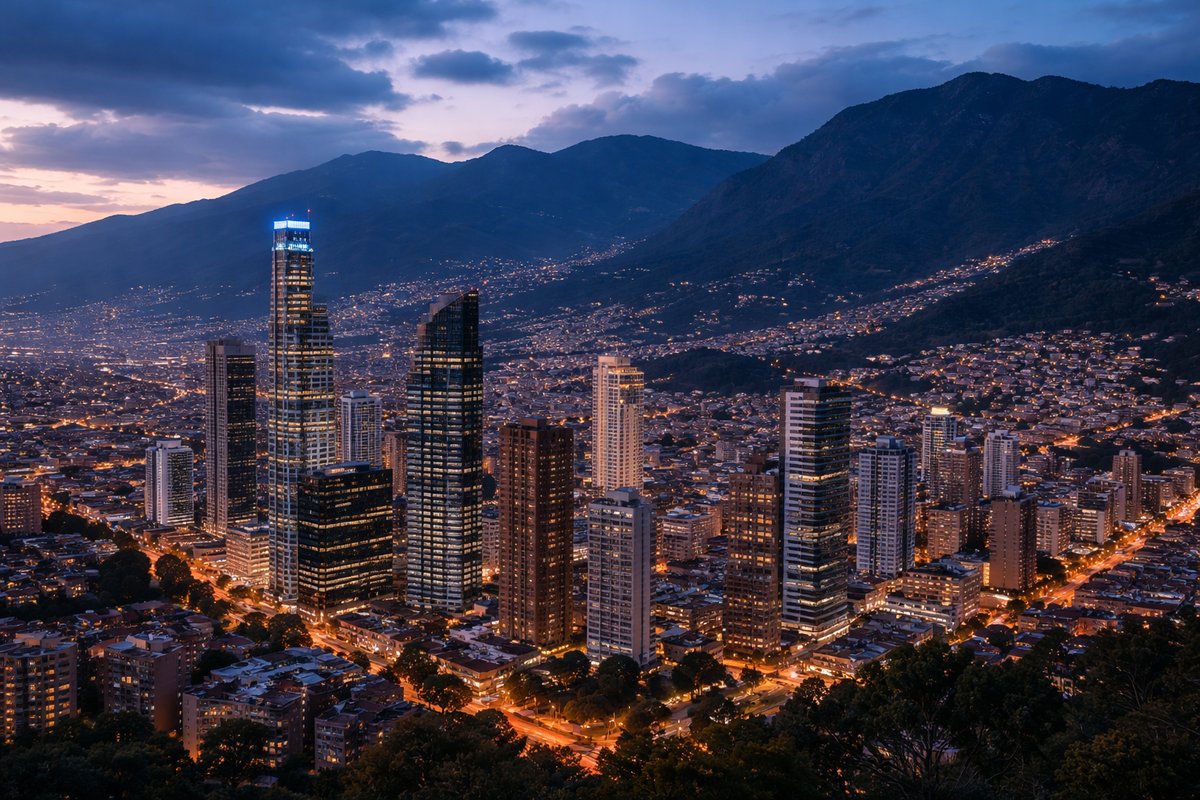 Bogotá at dusk — eastern cordillera, city lights sprawling up the cerros